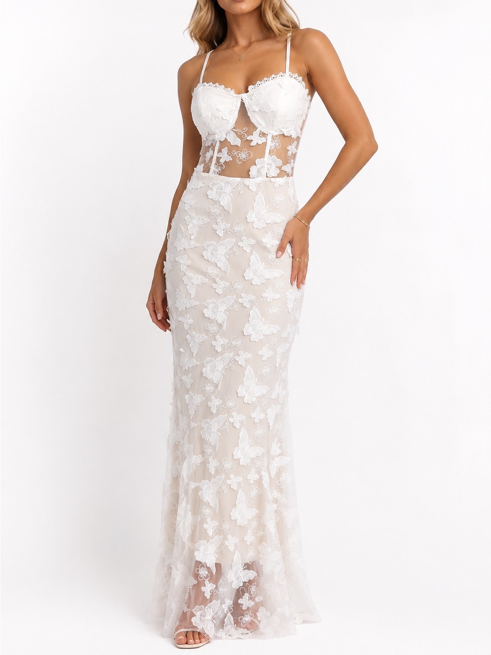 Giffniseti White Butterfly Floral Embroidered Corset Maxi Dress Size L NWT